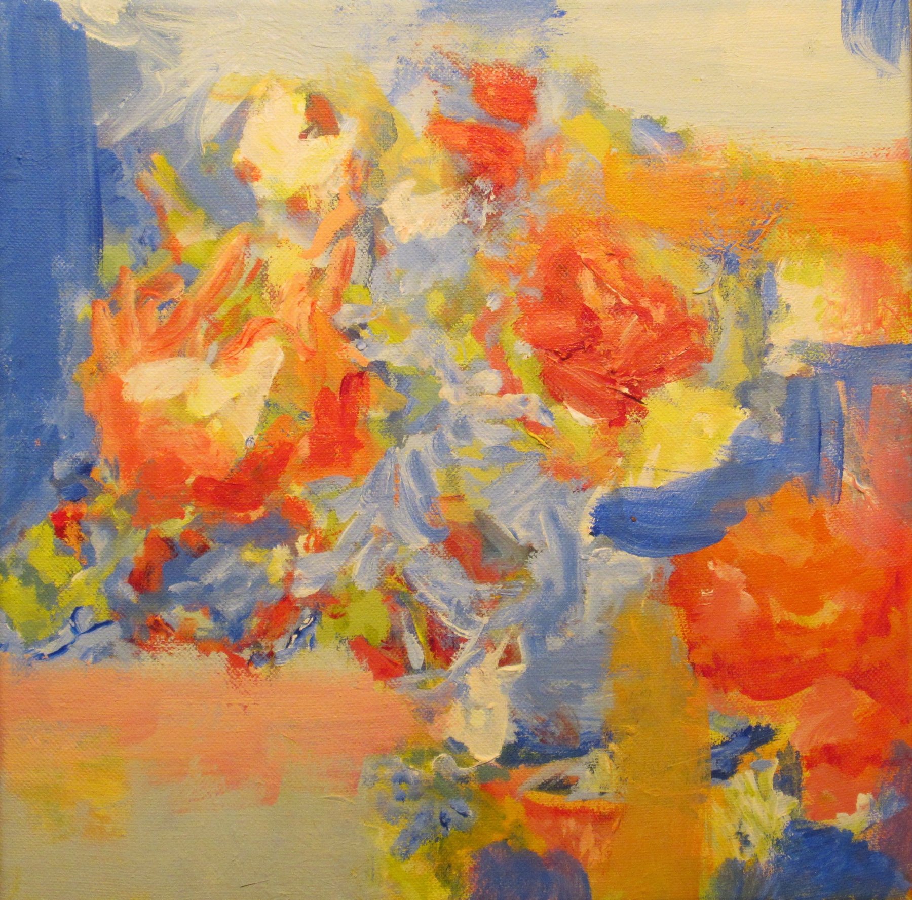 Abstract painting in orange, blue, cream, and yellow